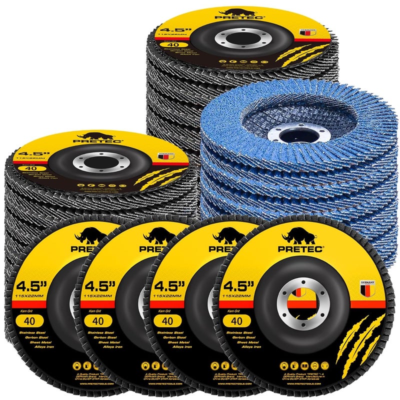 PRETEC Flap Discs 4 1/2 for Angle Grinder, 40 Pcs Flap Discs 40 Grit, 4.5" x 7/8" High Density Zirconia Type 27 Flap Sanding Disc for Grinding, Rust Removal, Sanding and Finishing - 40 Packs - Image 1